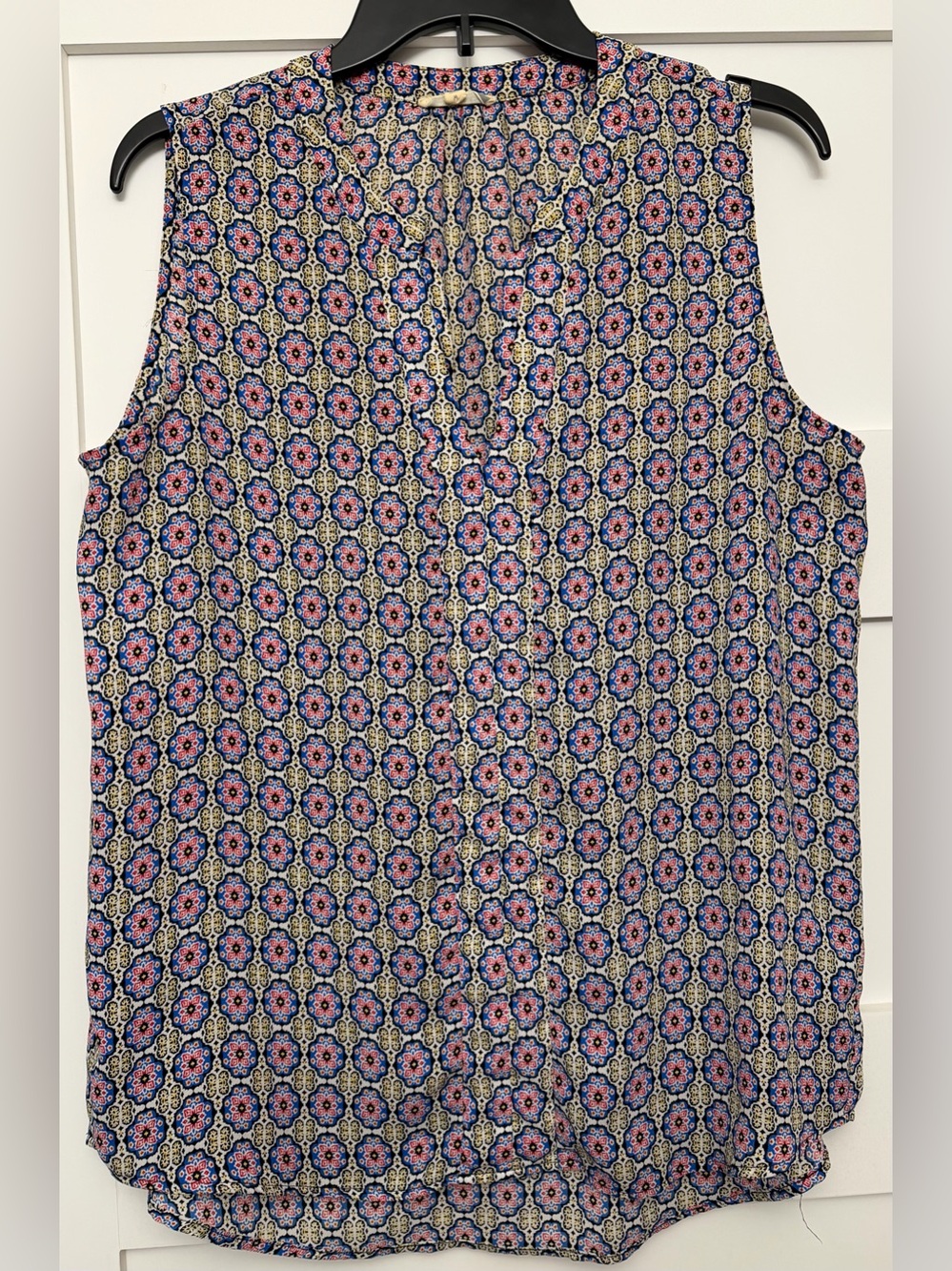 Pleione Blue, Red & Cream Mosaic Print Sleeveless Top